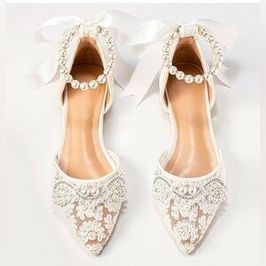 Women’s Pearl Ivory flat Wedding Shoes for Bride Lace Rhinestones Pointed Toe